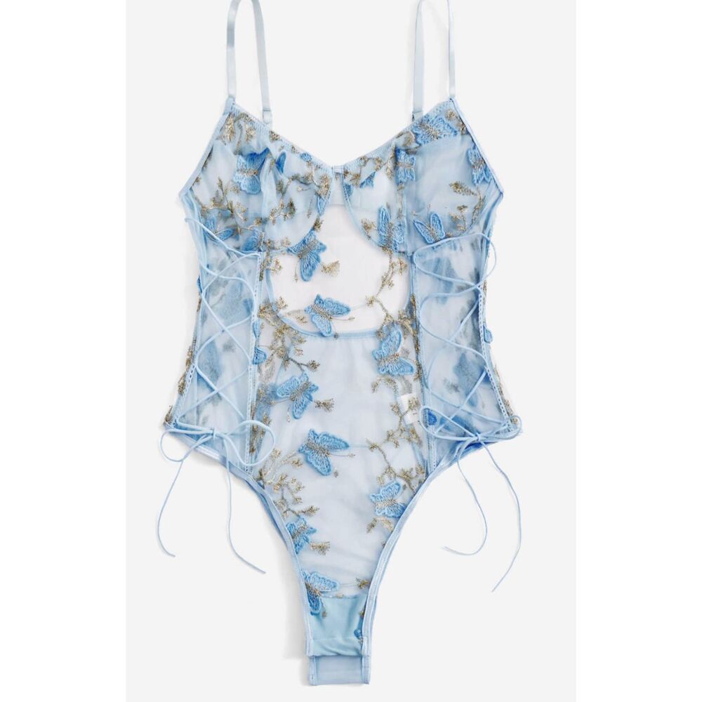 SHEIN BabyBlue Butterfly Embroidery Sheer Mesh Teddy Bodysuit